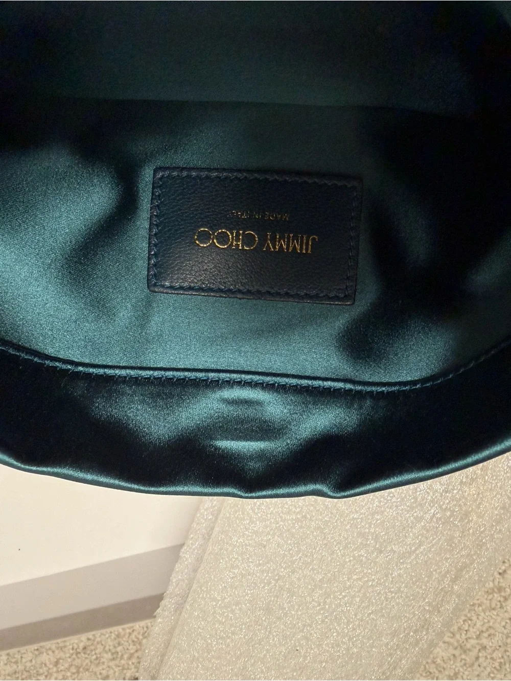 Jimmy Choo Teal Satin Evening Clutch with Crystal Brooch and Gold Chain